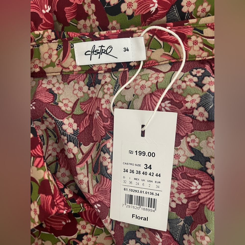 Castro Floral Long Sleeve Collared Dress Deep V Neck Size 2 - Picture 7 of 7